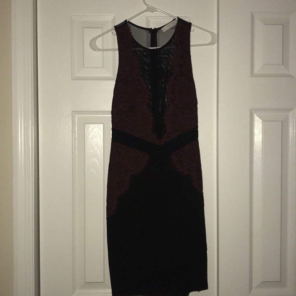 Dress with sheer and maroon lace appliqué